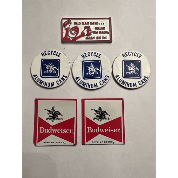 Vintage Lot Of 6 Budweiser Anheuser Busch Magnets Bud Man Recycle #1 - Picture 1 of 4